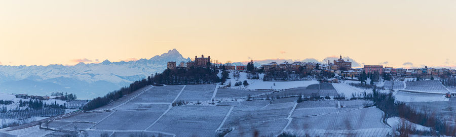 High angle view of buildings against sky during winter