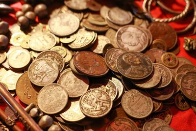 Close-up of coins on table