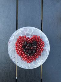 High angle view of strawberries in bowl on table