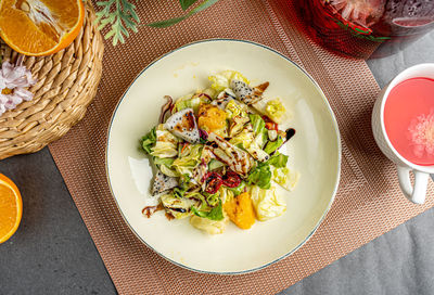 High angle view of food in plate on table, salat 