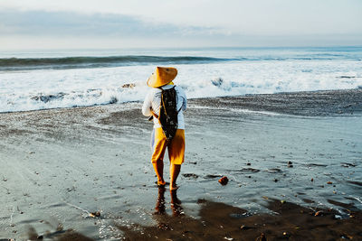 Rear view of man standing at beach against sky