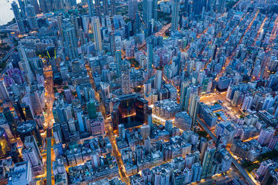 High angle view of city buildings at night