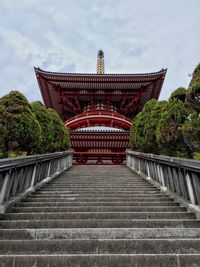 Staircase leading towards temple building against sky