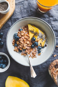 High angle view of breakfast served on table