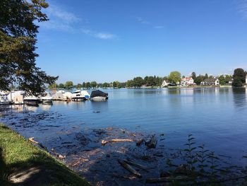 Scenic view of lake against blue sky