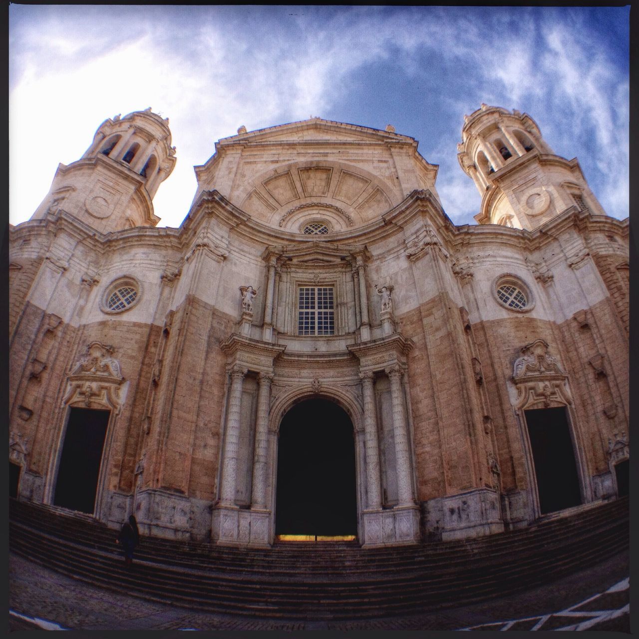 architecture, transfer print, low angle view, building exterior, built structure, sky, auto post production filter, place of worship, church, religion, spirituality, history, arch, old, cathedral, cloud - sky, facade, travel destinations