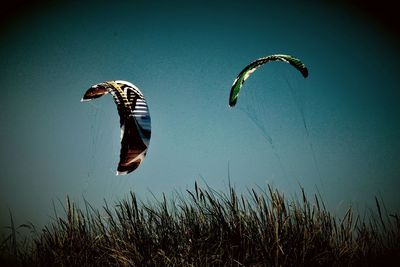 Kite flying over grass against clear sky