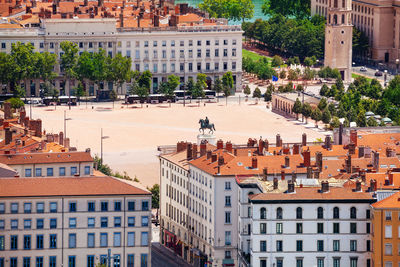 High angle view of buildings in city