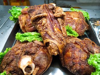 High angle view of food on barbecue grill