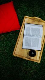 High angle view of information sign on field