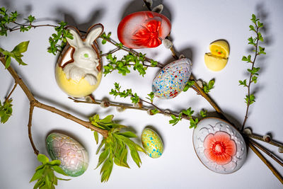 High angle view of easter eggs on plant