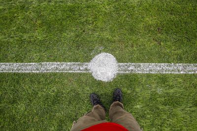 Low section of man standing on soccer field