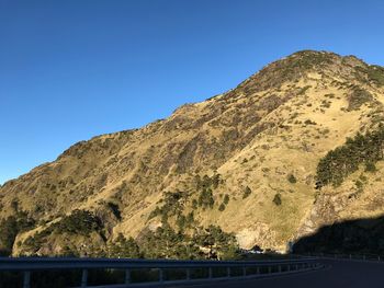 Low angle view of mountain against clear blue sky