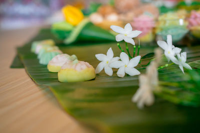 Close-up of white roses on table