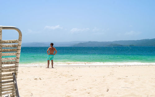 Rear view of shirtless man standing at beach