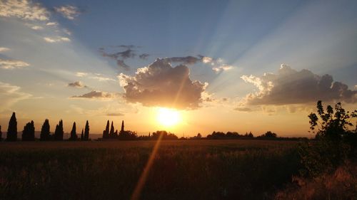 Panoramic shot of field against sky during sunset