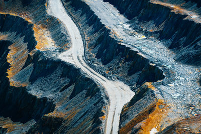 High angle view of quarry. rock formations on land