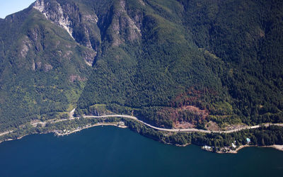 Aerial view of lake and mountains