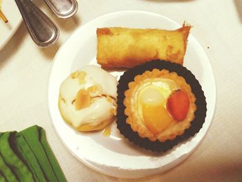 High angle view of breakfast served on table