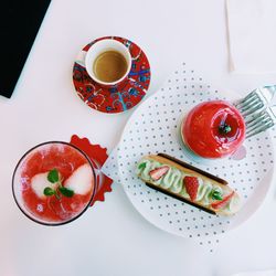 High angle view of breakfast served on table