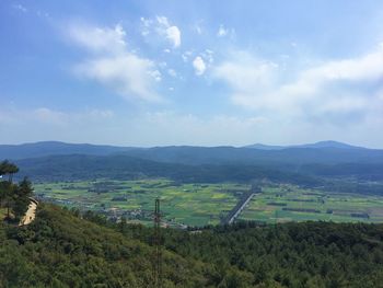 High angle view of field against sky