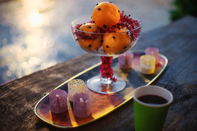 Close-up of drink served on table