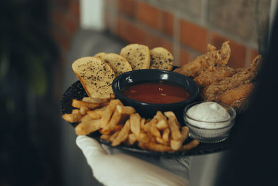 Close-up of food served on table