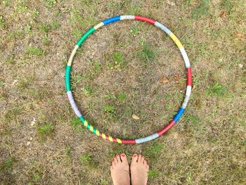 Low section of woman standing by plastic hoop on grass