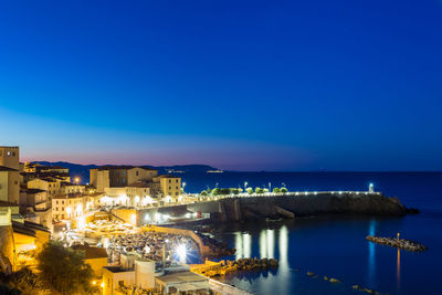 High angle view of sea against clear blue sky