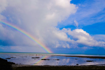 Scenic view of rainbow over sea against sky