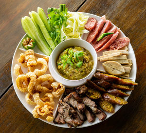 High angle view of food served on table