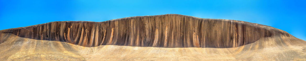 Low angle view of rock formation against clear blue sky