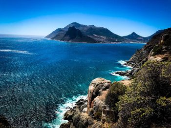 Scenic view of sea against clear blue sky