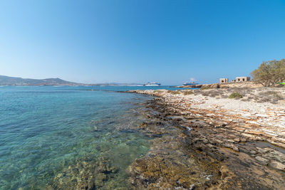 Scenic view of sea against clear blue sky