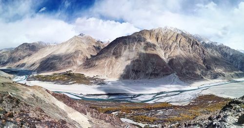 Panoramic view of snowcapped mountains against sky