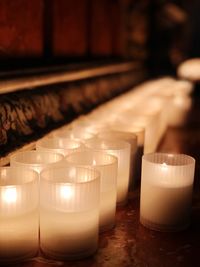 Close-up of illuminated candles on table