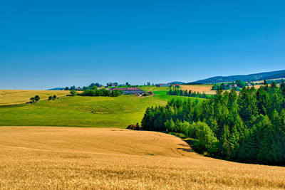 Scenic view of farm against clear sky