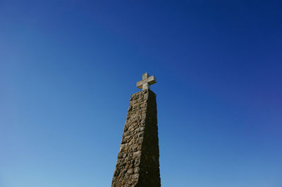 Low angle view of statue against clear blue sky