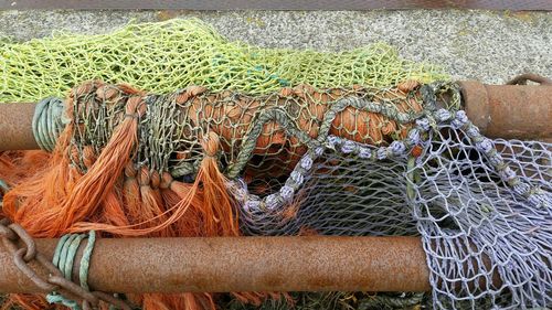 High angle view of fishing net at harbor