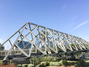 Metallic footbridge against sky