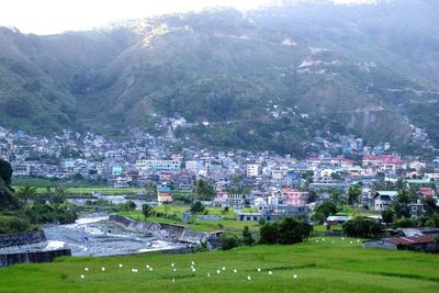 High angle view of town against sky