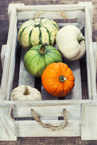 High angle view of pumpkins on table