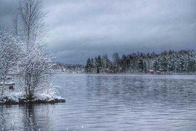 Scenic view of lake against cloudy sky