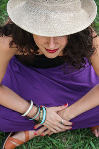 Close-up of woman wearing hat