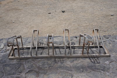 High angle view of text on beach