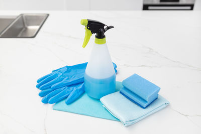 High angle view of bottle on table at home