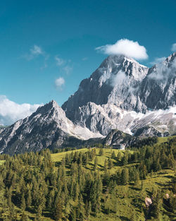 Day photo of a rocky mountain with clouds and a green forest at the austrian alps