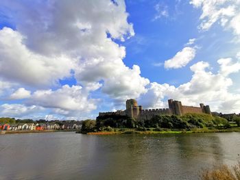 Buildings by river against cloudy sky