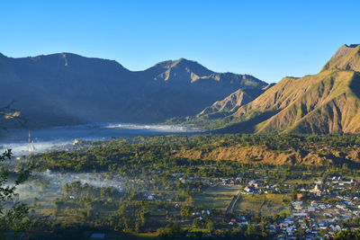 Landscape of mount rinjani national park from pergasingan hill, indonesia