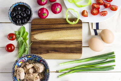 High angle view of fruits on cutting board